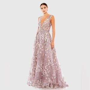 Mac Duggal Floral Embroidered Illusion V-Neck Gown